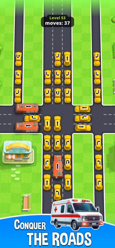 Traffic Go! Car Escape - Vista de pájaro de coches y vehículos de emergencia en una intersección de tráfico en un juego de puzles de lógica.