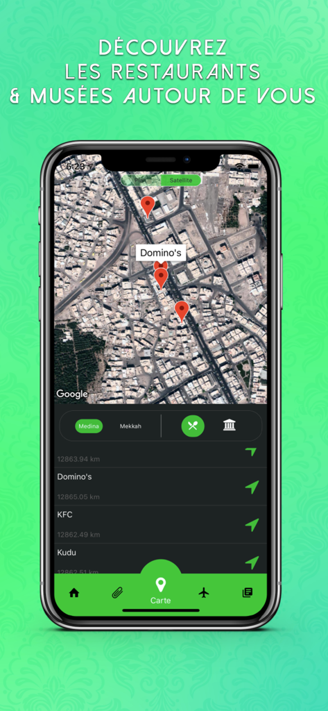 Omra and Hajj app map interface for finding local restaurants and museums in Mecca and Medina
