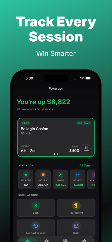 PokerLog app dashboard displaying poker profit statistics and session tracking tools
