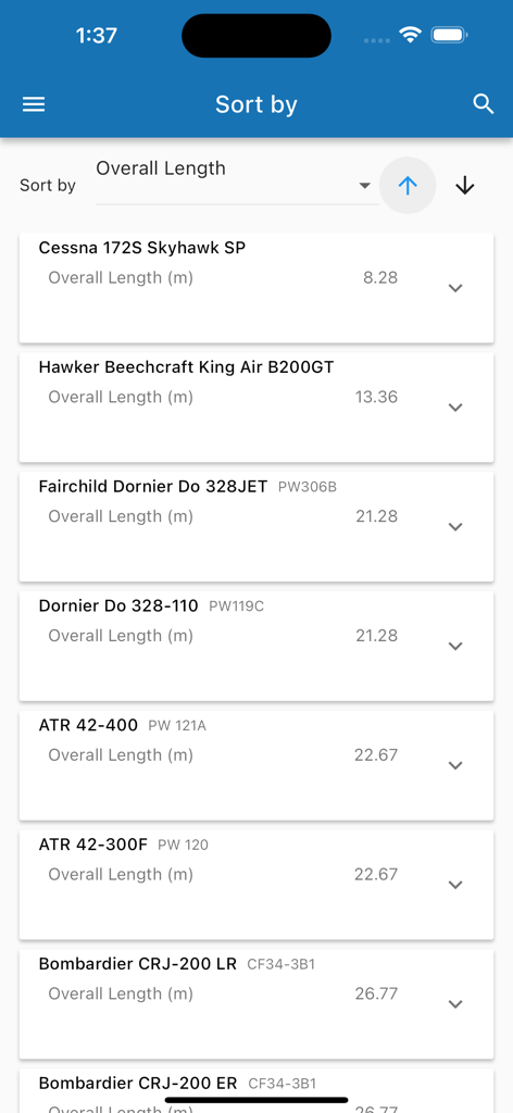 Mobile app interface showing a list of aircraft models sorted by their overall length in meters