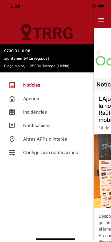 Ajuntament de Tàrrega - Side navigation menu of the Ajuntament de Tarrega mobile app showing news and incidents options