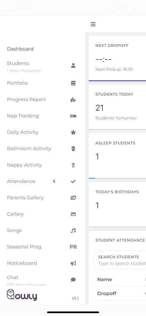 Owly Childcare - Owly Childcare app dashboard showing the main navigation menu and student activity overview