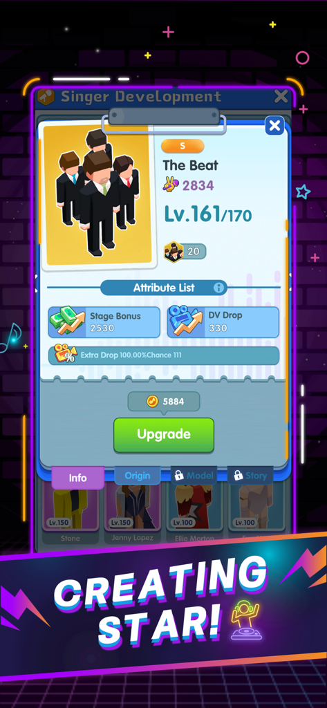 Idle Music Star Tycoon Games - Singer development menu for upgrading music stars in Idle Music Star Tycoon