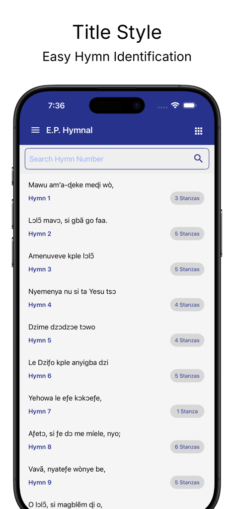 Um smartphone exibindo uma lista de hinos com títulos Ewe e contagem de estrofes no aplicativo Hinário EPC Ewe.