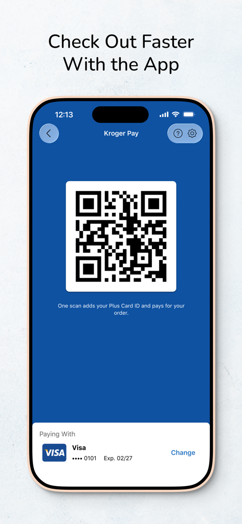 Kroger Pay screen showing a QR code for faster checkout and loyalty rewards