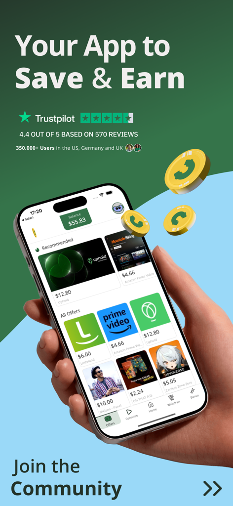 myCashery: Earn Money - Interfaz de la aplicación myCashery que muestra recompensas en efectivo y ofertas para que los usuarios ahorren y ganen dinero