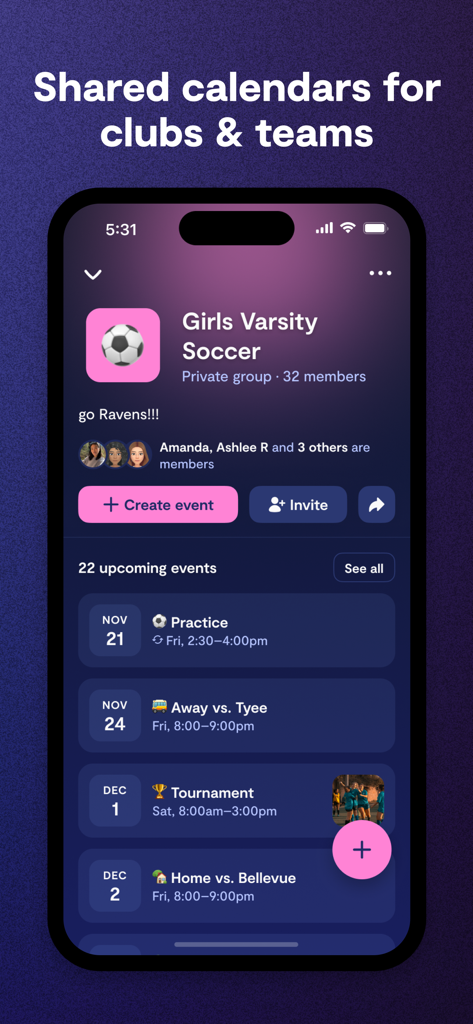 Saturn app screen showing a shared calendar for a girls varsity soccer team with upcoming practice and game events