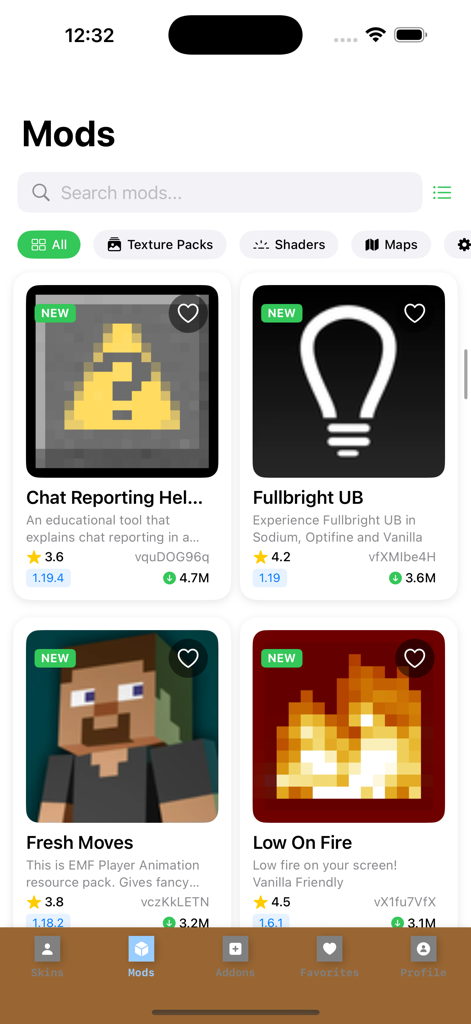 Mods for Minecraft Game App PE - Der Mods-Bereich der Minecraft PE App, der eine Vielzahl von Mod-Kategorien und herunterladbaren Inhaltskarten wie Shader und Texturpakete zeigt.