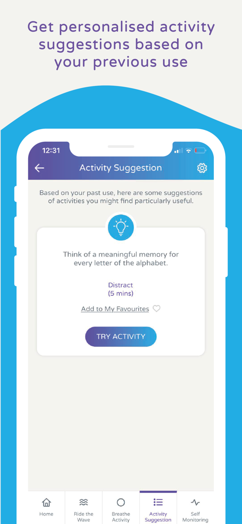 Calm Harm app screen showing personalized activity suggestions for managing emotional urges