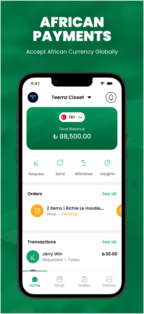 Greep Merchant - Greep Merchant app interface showing a total balance in Turkish Lira and recent business transactions.