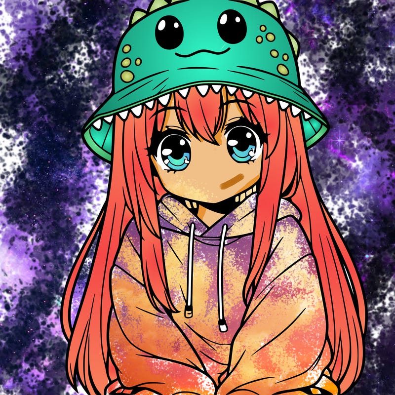 girl with anime shaped eyes with a dinosaur bucket hat oversized sweatshirt long straight hair