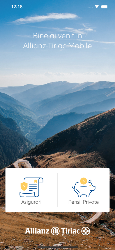 Welcome screen of Allianz-Tiriac mobile app with insurance and private pensions options