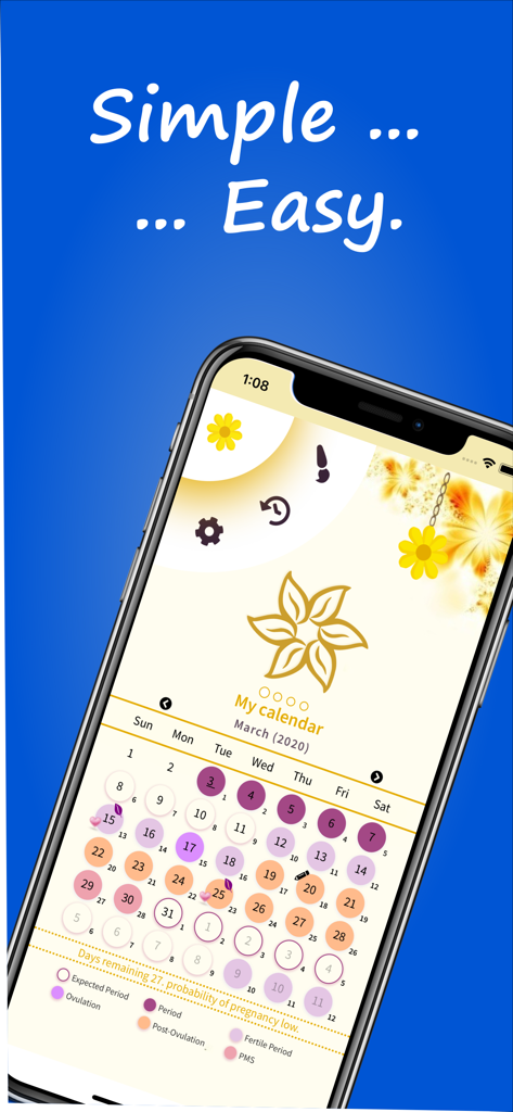 Calendário do Ciclo Menstrual - A smartphone displaying a menstrual cycle calendar with color coded dates for tracking periods and ovulation