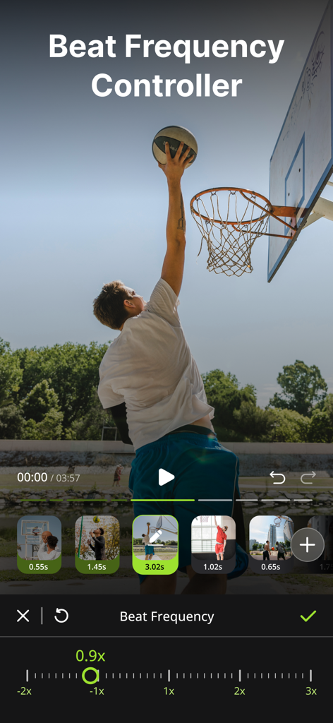 Reel Maker for Insta - BeatMix - BeatMix App-Oberfläche, die den Beat-Frequenz-Controller zur Synchronisation von Videoclips mit Musik zeigt.
