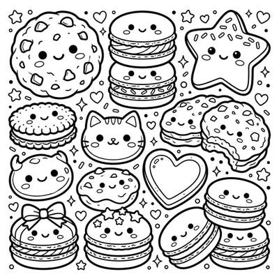 Dive into a world of sugary cuteness with this delightful Kawaii cookies and macarons coloring page. Each treat comes alive with an adorable smile, ready for your creative touch.