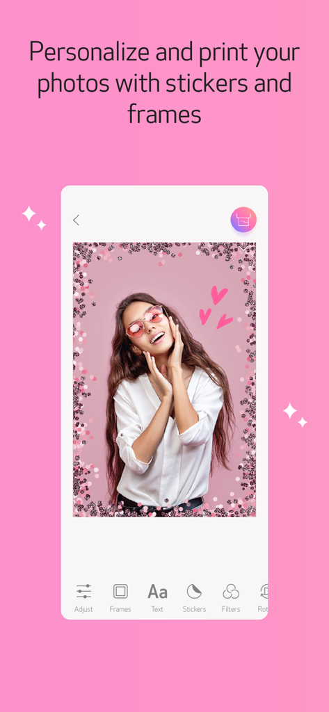 A smartphone interface showing a photo of a woman decorated with a pink glitter frame and heart stickers in the Canon Mini Print app