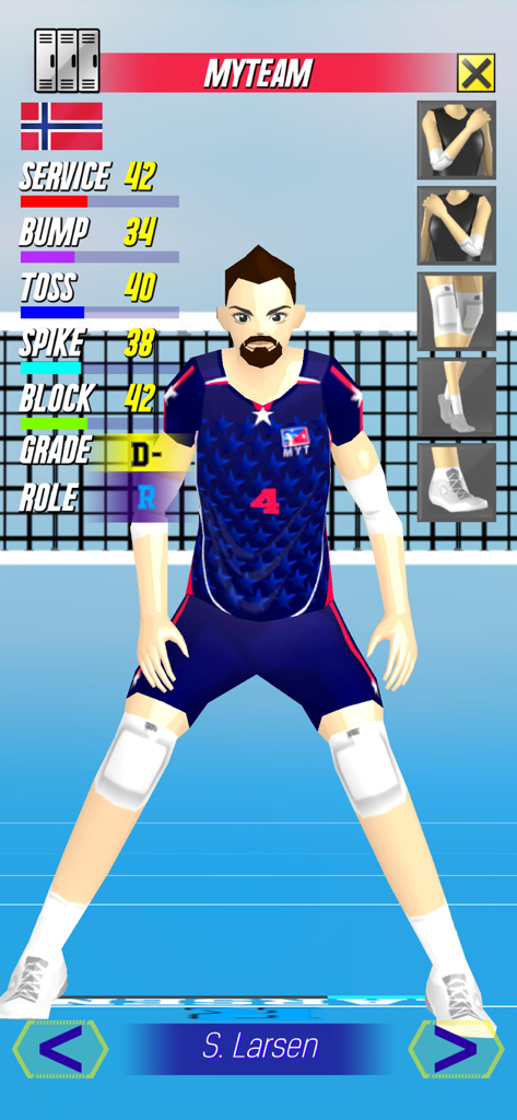 VGO2 - VGO2 mobile game screenshot of the MyTeam screen displaying player stats like service and spike along with gear customization