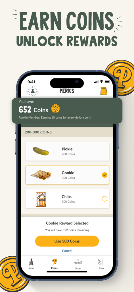 Potbelly Sandwich Works - 코인 잔액과 사용 가능한 음식 보상을 보여주는 Potbelly Perks 모바일 앱 화면