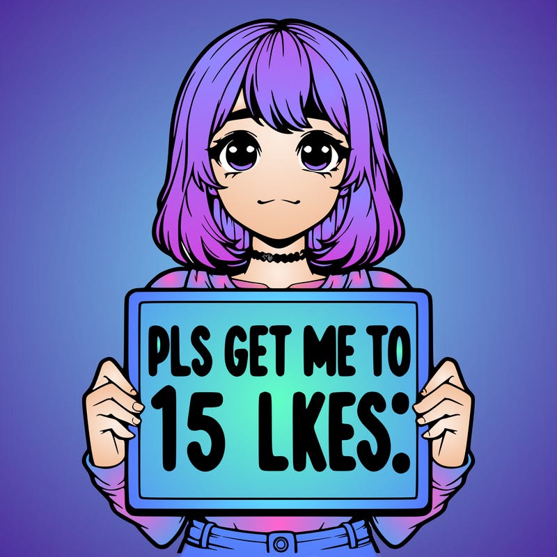 realistic girl holding up a sign that says “pls get me to 15 likes!”