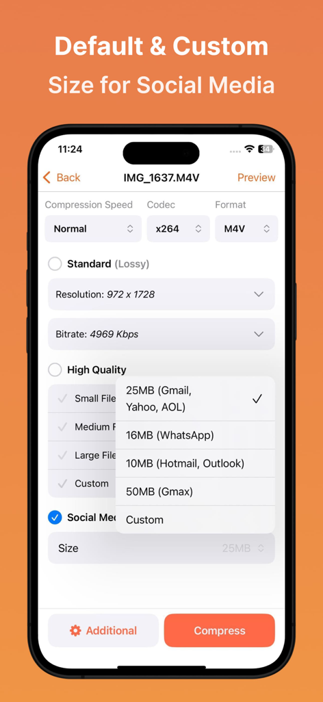 Video Compressor : Save Space - Interface do aplicativo Compressor de Vídeo mostrando opções predefinidas de tamanho de arquivo para Gmail, WhatsApp e Outlook.