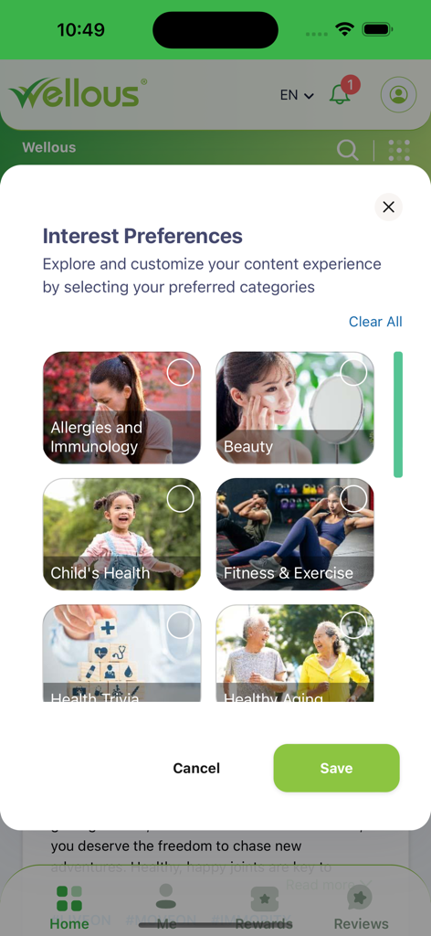 WellFam - WellFam interest preferences screen with health and wellness category selections like Beauty and Fitness