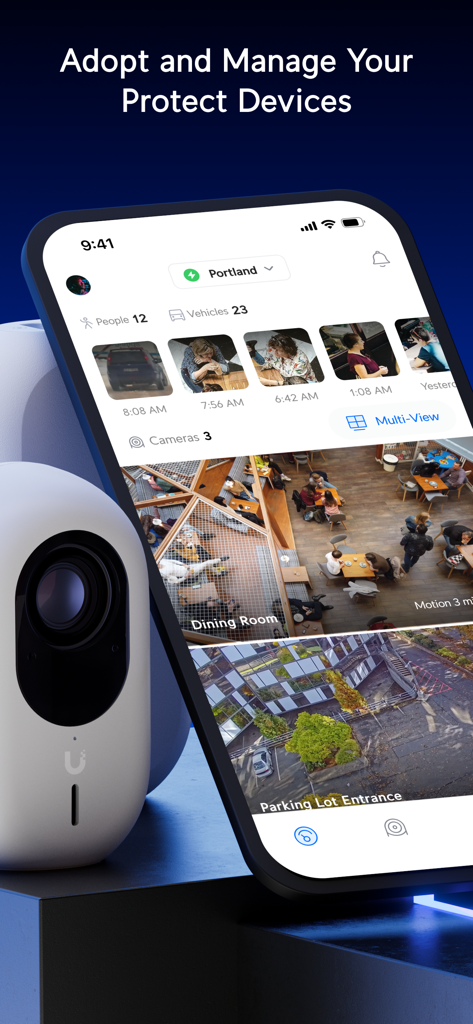 Aplicación UniFi Protect en un smartphone mostrando transmisiones en vivo de cámaras y detecciones de seguridad junto a una cámara de seguridad blanca