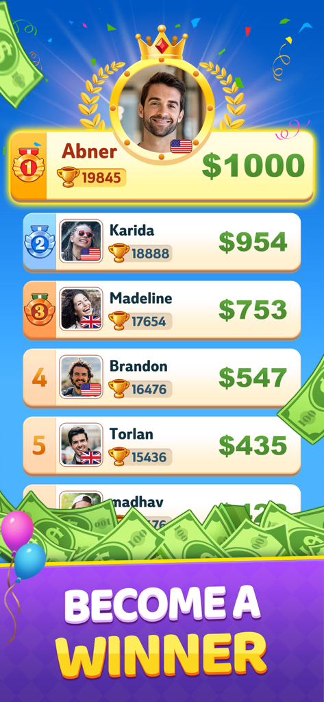 Bingo 2026 Clash - Bingo 2026 Clash leaderboard showing players with cash prizes and trophy scores