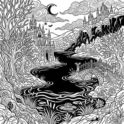 Dive into a world of shadowed beauty with this gothic artificial lake coloring page. Featuring majestic castles, intricate trees, and a mysterious bridge, it promises a uniquely captivating creative experience.