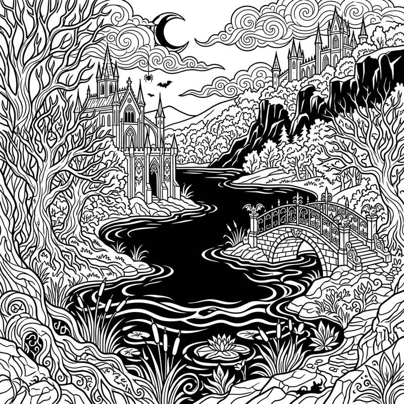Dive into a world of shadowed beauty with this gothic artificial lake coloring page. Featuring majestic castles, intricate trees, and a mysterious bridge, it promises a uniquely captivating creative experience.
