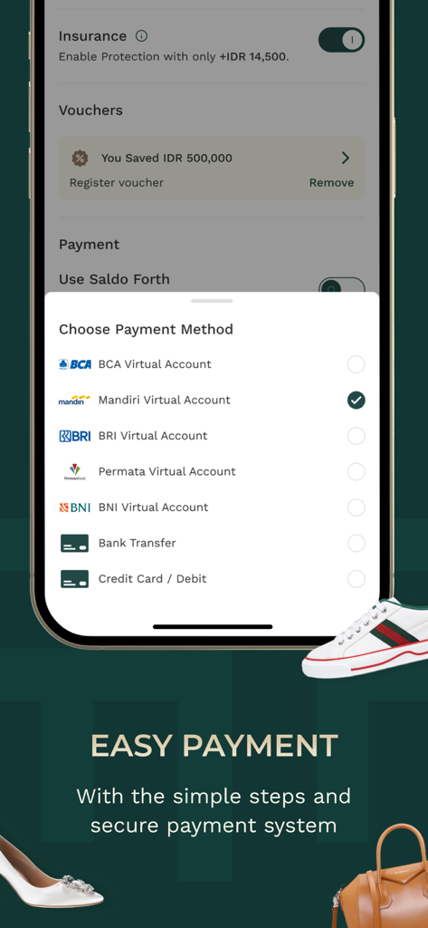 Fashion Forth - Fashion Forth app screen showing secure payment options including virtual accounts and credit cards