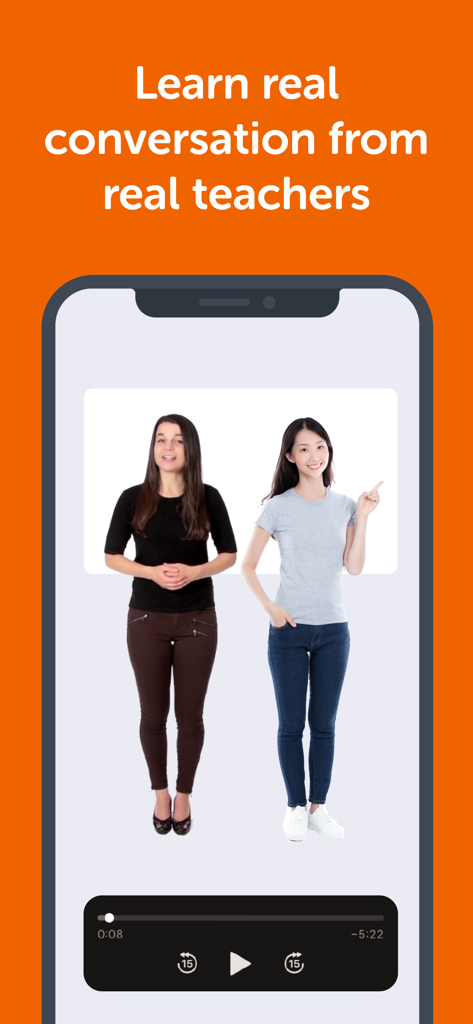 Innovative Language Learning - Mobile app screen showing a video lesson with two teachers and the headline Learn real conversation from real teachers on an orange background