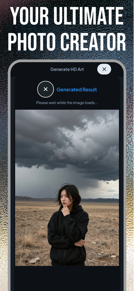 AI Image Generator Anime Maker - A realistic AI-generated portrait of a young woman in a black hoodie under a stormy sky displayed within the app interface