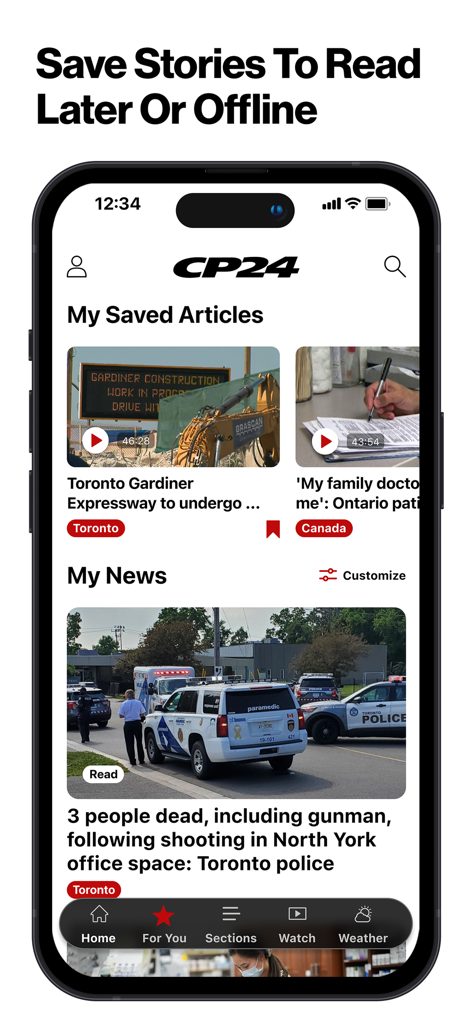 CP24 app interface showing saved news articles and personalized news feed for offline reading