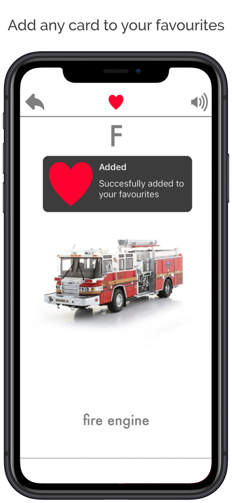 Flash Cards App Learn English - Flash Cards App mostrando um cartão de caminhão de bombeiros adicionado aos favoritos