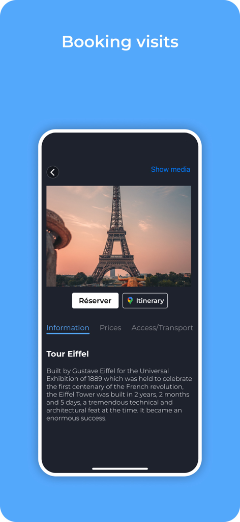 Henri Trip - Guide interactif - Écran de l'application mobile Henri Trip montrant les détails et les options de réservation pour une visite de la Tour Eiffel à Paris