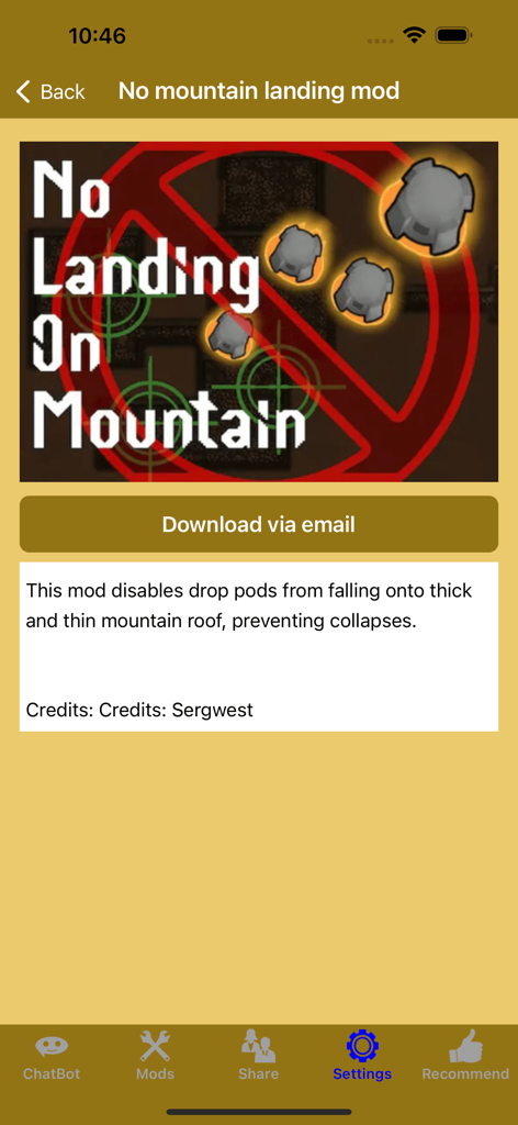 RimW - Game Mods (RW, Rim) - RimWorld用No mountain landing MODの詳細とダウンロードボタンを表示するRimWアプリのスクリーンショット。