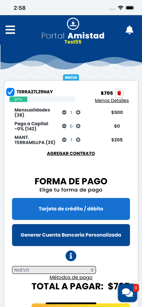 Amistad Bienes Raíces - Amistad Bienes Raices mobile app interface showing a payment summary for land property and options for credit card or bank account payments