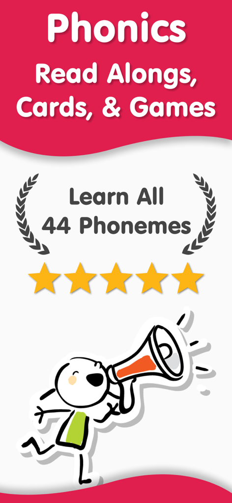 Phonics and ABC app promotional screen highlighting the learning of 44 phonemes with a five star rating