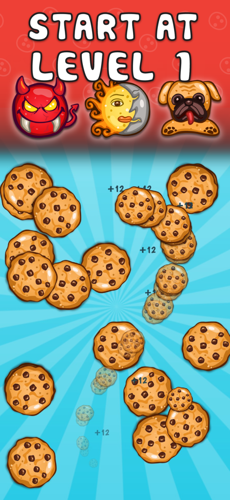 Cookies Inc. - Idle Tycoon - Pantalla del juego móvil Cookies Inc. que muestra el inicio en el nivel 1 con varios personajes de galletas y galletas con chispas de chocolate