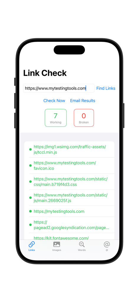 Mobile interface of Link Check Pro app showing a list of verified webpage links and status indicators