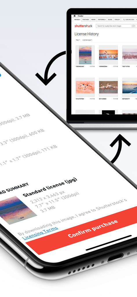 Shutterstock - Stock Photos - Bildschirme von Smartphones und Tablets, die die Synchronisierung des Shutterstock-Lizenzverlaufs zeigen
