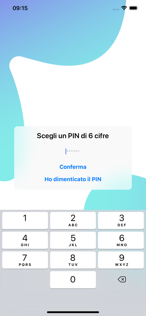 Interface da aplicação móvel Sesamo FSE para escolher um PIN de segurança de 6 dígitos com um teclado numérico
