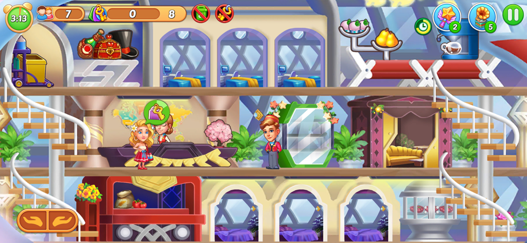 Colorida sección transversal de un vestíbulo de hotel de lujo y habitaciones de huéspedes en My Hotel Grand Guest Mania