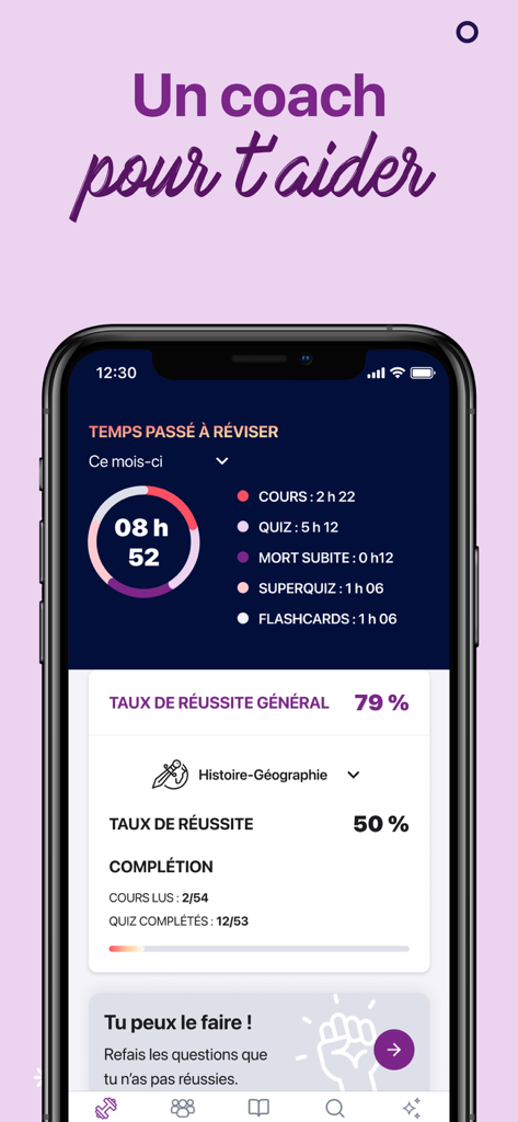 digiSchool Education 2026 - 프랑스 국가 커리큘럼에 대한 학생 학습 통계 및 성공률을 보여주는 모바일 대시보드