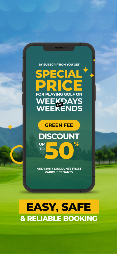 Promotional screen showing green fee discounts up to 50 percent for Golfers Booking subscribers