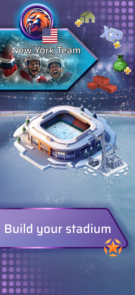 Um estádio de hóquei no gelo em construção para um time de Nova York no jogo mobile PowerPlay