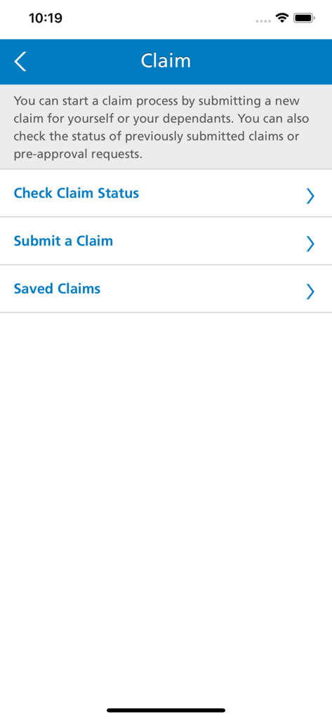 MetLife Worldwide Benefits - メットライフ・ワールドワイド・ベネフィッツアプリの請求オプション画面。請求状況の確認、請求の提出、保存済み請求の表示のオプションがあります。