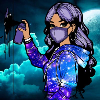 realistic girl with mask spray painting a wall