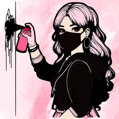 realistic girl with mask spray painting a wall