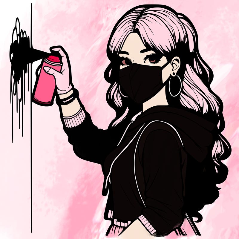 realistic girl with mask spray painting a wall